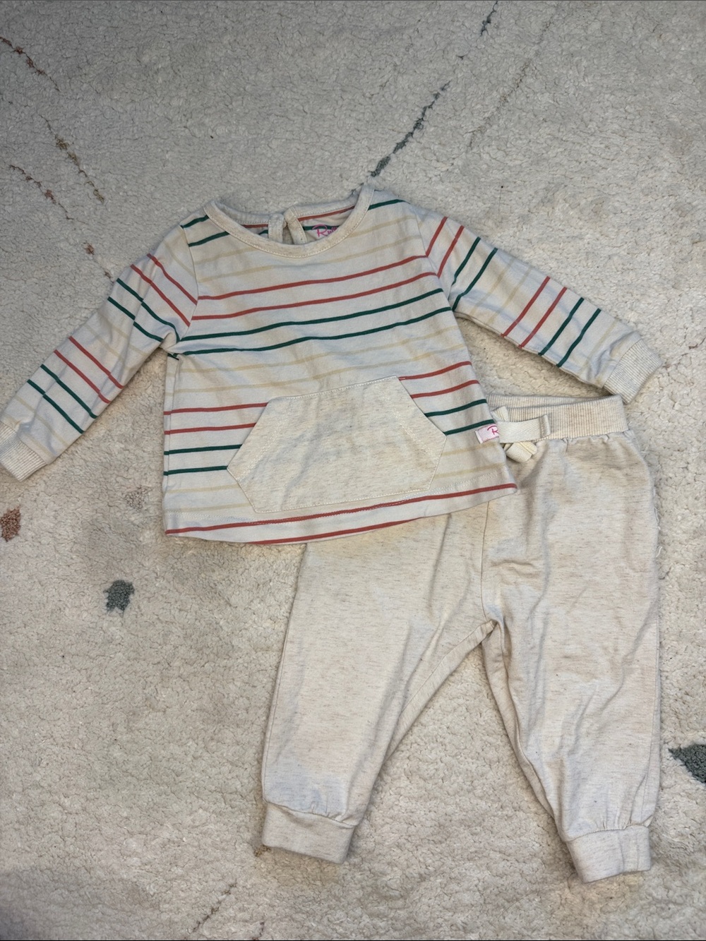 Ruffle Butts Cream Striped Top and Pants Set with Red and Green Stripes